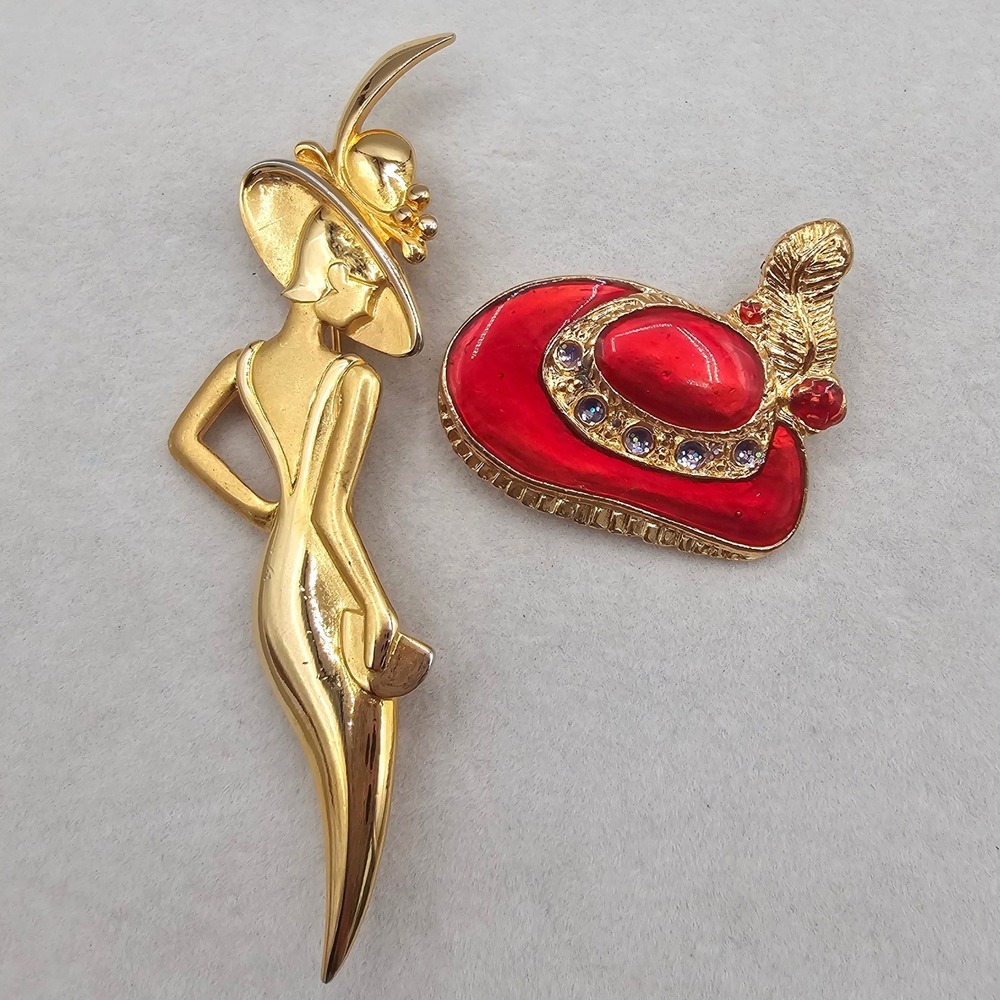 Vintage Fashion Brooch 2pc Lady Remington JJ Gold Tone Lady & Red Enamel Hat Pin